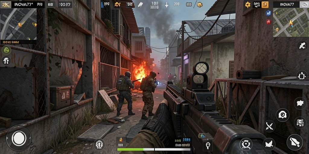 Tampilan utama gameplay INOVA77 dengan aksi TPS yang mendebarkan.