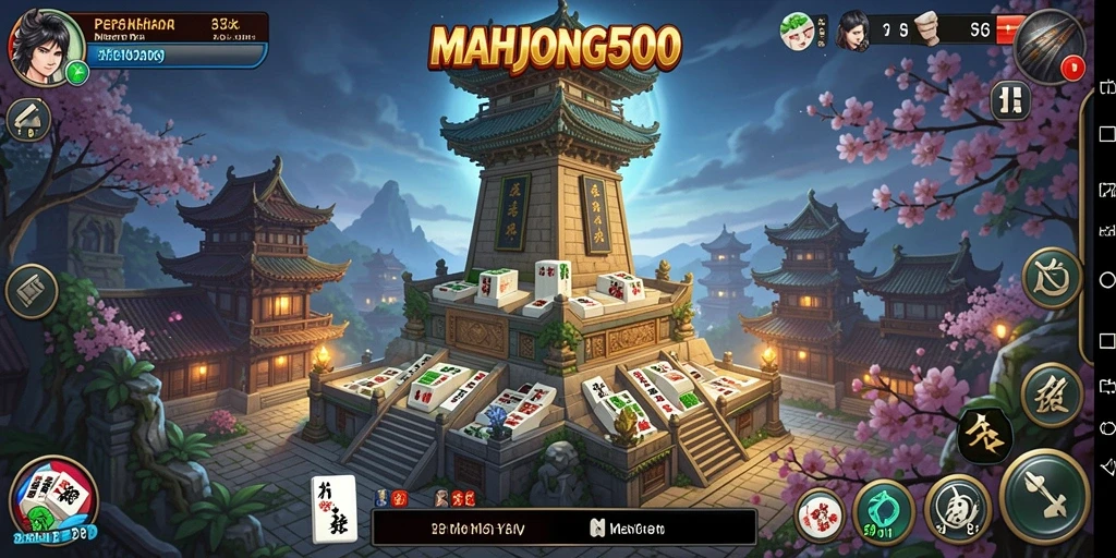 Screenshot gameplay MAHJONG500 menampilkan aksi pertahanan menara yang intens.