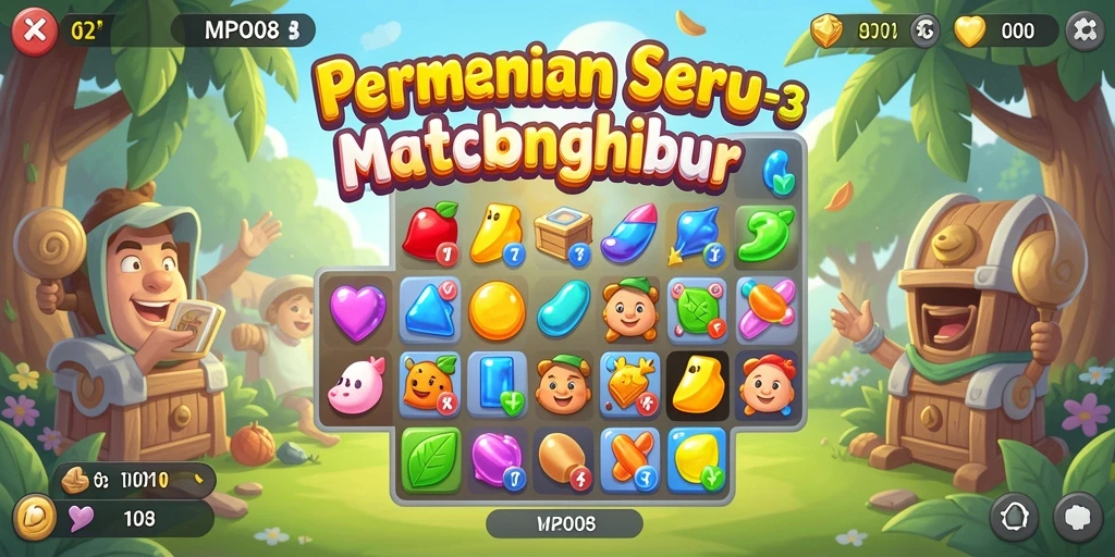 Tampilan gameplay MPO08 dengan kombinasi warna-warni item di Match-3.