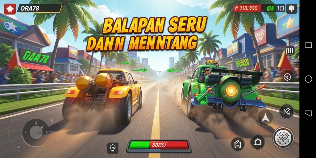 Screenshot gameplay ORA78 menampilkan mobil balap melaju kencang di trek berkelok.
