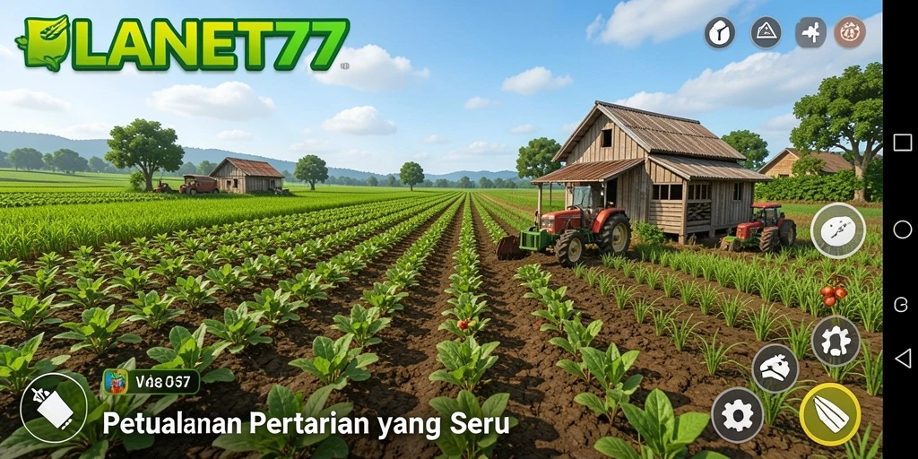 Screenshot dari gameplay PLANET77 menunjukkan ladang yang indah dan suasana pertanian yang ceria.